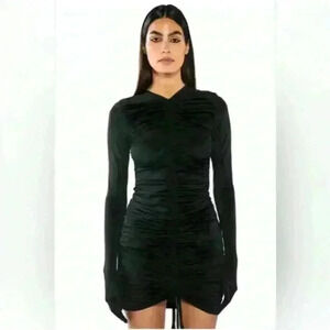 NWT Akira sz Small Black Bodycon Dress Midi Ruched Draped Asymmetrical